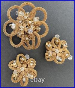 Unsigned Miriam Haskell Mesh Flower Crystal Seed Pearl Brooch & Clip Earring Set