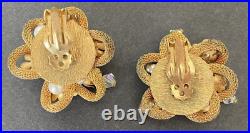 Unsigned Miriam Haskell Mesh Flower Crystal Seed Pearl Brooch & Clip Earring Set