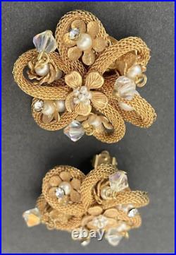 Unsigned Miriam Haskell Mesh Flower Crystal Seed Pearl Brooch & Clip Earring Set