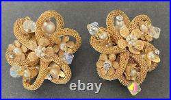 Unsigned Miriam Haskell Mesh Flower Crystal Seed Pearl Brooch & Clip Earring Set