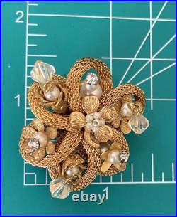 Unsigned Miriam Haskell Mesh Flower Crystal Seed Pearl Brooch & Clip Earring Set