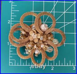 Unsigned Miriam Haskell Mesh Flower Crystal Seed Pearl Brooch & Clip Earring Set