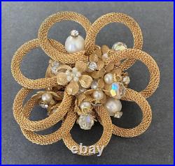 Unsigned Miriam Haskell Mesh Flower Crystal Seed Pearl Brooch & Clip Earring Set