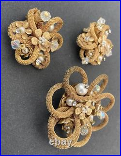 Unsigned Miriam Haskell Mesh Flower Crystal Seed Pearl Brooch & Clip Earring Set