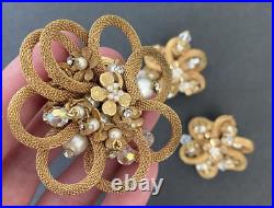 Unsigned Miriam Haskell Mesh Flower Crystal Seed Pearl Brooch & Clip Earring Set