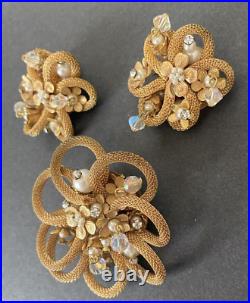 Unsigned Miriam Haskell Mesh Flower Crystal Seed Pearl Brooch & Clip Earring Set