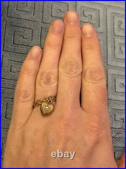 Unusual Victorian 9CT Gold Ring With Pearl Set Hanging Heart