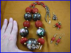 V-283 Black Cloisonne red Cinnabar bead gold 32 Necklace + 3 pairs earrings set