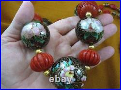 V-283 Black Cloisonne red Cinnabar bead gold 32 Necklace + 3 pairs earrings set