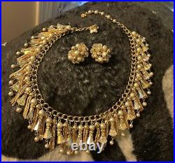 VENDOME AB Rhinestone Rondel Gray Pearl Gold Tassel 17 Bib Necklace & Earrings