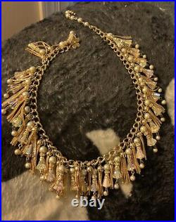 VENDOME AB Rhinestone Rondel Gray Pearl Gold Tassel 17 Bib Necklace & Earrings