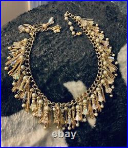 VENDOME AB Rhinestone Rondel Gray Pearl Gold Tassel 17 Bib Necklace & Earrings