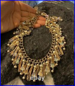 VENDOME AB Rhinestone Rondel Gray Pearl Gold Tassel 17 Bib Necklace & Earrings