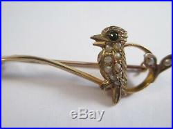 VERY RARE VICTORIAN 18ct GOLD BIRD BROOCH SET WITH EMERALD & PEARLS 3g c1890