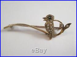 VERY RARE VICTORIAN 18ct GOLD BIRD BROOCH SET WITH EMERALD & PEARLS 3g c1890
