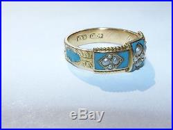 VICTORIAN 15ct. GOLD & TURQUOISE ENAMEL MOURNING RING PEARL SET (1897) SIZE- O