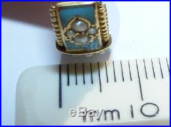 VICTORIAN 15ct. GOLD & TURQUOISE ENAMEL MOURNING RING PEARL SET (1897) SIZE- O