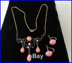 VICTORIAN SET 14k GOLD ANGELSKIN CORAL NECKLACE SEED PEARLS SCREWBACK EARRINGS