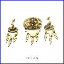 VICTORIAN etched brooch & earring set antique seed pearl gold plate chandelier