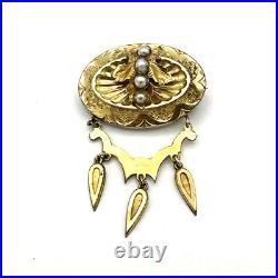 VICTORIAN etched brooch & earring set antique seed pearl gold plate chandelier