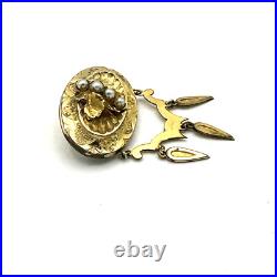 VICTORIAN etched brooch & earring set antique seed pearl gold plate chandelier