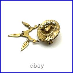 VICTORIAN etched brooch & earring set antique seed pearl gold plate chandelier