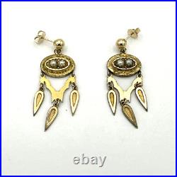 VICTORIAN etched brooch & earring set antique seed pearl gold plate chandelier