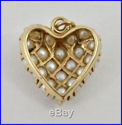 VINTAGE 14K GOLD PUFFY HEART BRACELET CHARM With PRONG SET PEARLS JUNE BIRTHSTONE