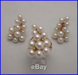 Vintage 14k Yellow Gold Cluster Pearl Ring And Earrings Set, Unsigned Mings