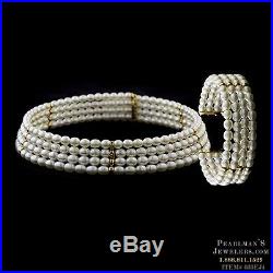 Vintage 1960's Set Of Choker Pearl Necklace & Cuff Bracelet 18k Gold