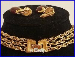 VINTAGE Crown Trifari Earrings & Necklace Set Gold Amber Lucite Bead Waterfall