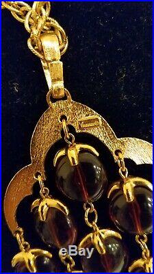 VINTAGE Crown Trifari Earrings & Necklace Set Gold Amber Lucite Bead Waterfall
