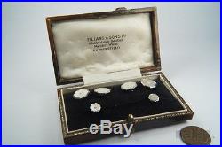VINTAGE ENGLISH 9K WHITE GOLD & PEARL CUFFLINKS AND STUD SET c1960's BOXED