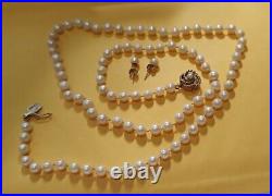 VINTAGE Natural Pearls 14K Y. Gold Necklace and Earrings Set (Z3)