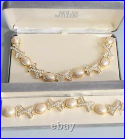 VINTAGE Nolan Miller Gilded Crystal Pearl XOXO Necklace Bracelet Set NIB