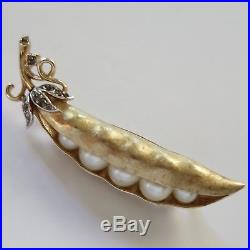 Vintage Trifari Gold Plate Rhinestone Pearl Pea Pod Brooch & Earrings Set
