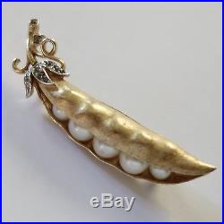 Vintage Trifari Gold Plate Rhinestone Pearl Pea Pod Brooch & Earrings Set