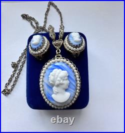 VNTG Germany Gold Filigree Blue Slag Marble Pearl Cameo Necklace & Earring Set