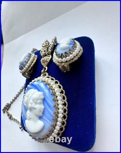 VNTG Germany Gold Filigree Blue Slag Marble Pearl Cameo Necklace & Earring Set