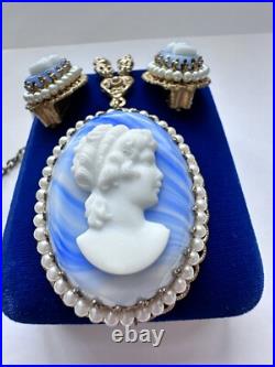 VNTG Germany Gold Filigree Blue Slag Marble Pearl Cameo Necklace & Earring Set