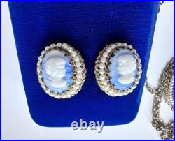 VNTG Germany Gold Filigree Blue Slag Marble Pearl Cameo Necklace & Earring Set