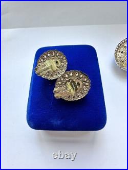 VNTG Germany Gold Filigree Blue Slag Marble Pearl Cameo Necklace & Earring Set