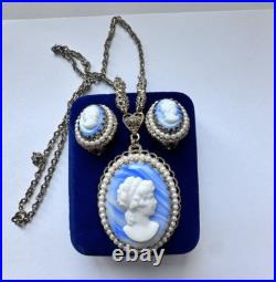 VNTG Germany Gold Filigree Blue Slag Marble Pearl Cameo Necklace & Earring Set