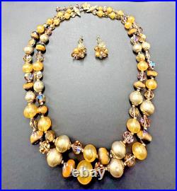 VNTG Vendome Faux Pearl Gold Crystal Rhinestone Art Glass Necklace Earring Set