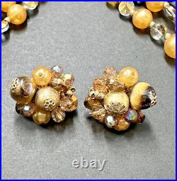 VNTG Vendome Faux Pearl Gold Crystal Rhinestone Art Glass Necklace Earring Set