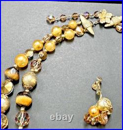 VNTG Vendome Faux Pearl Gold Crystal Rhinestone Art Glass Necklace Earring Set