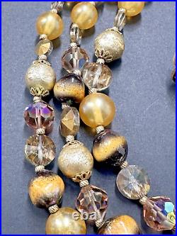 VNTG Vendome Faux Pearl Gold Crystal Rhinestone Art Glass Necklace Earring Set