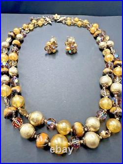 VNTG Vendome Faux Pearl Gold Crystal Rhinestone Art Glass Necklace Earring Set