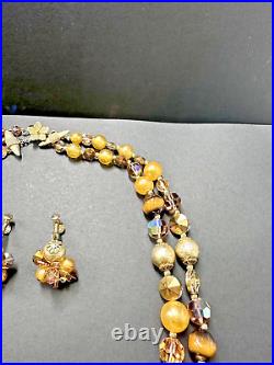 VNTG Vendome Faux Pearl Gold Crystal Rhinestone Art Glass Necklace Earring Set