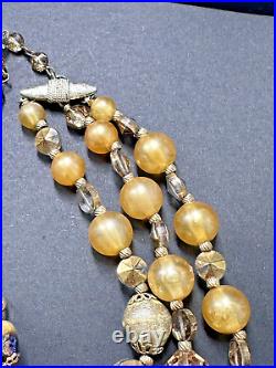 VNTG Vendome Faux Pearl Gold Crystal Rhinestone Art Glass Necklace Earring Set